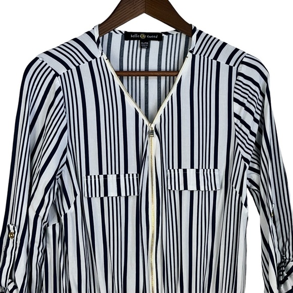 Belle TWEED QUARTER SLEEVE STRIPED SHORTS ROMPER WITH CINCHED WAIST - Picture 2 of 10